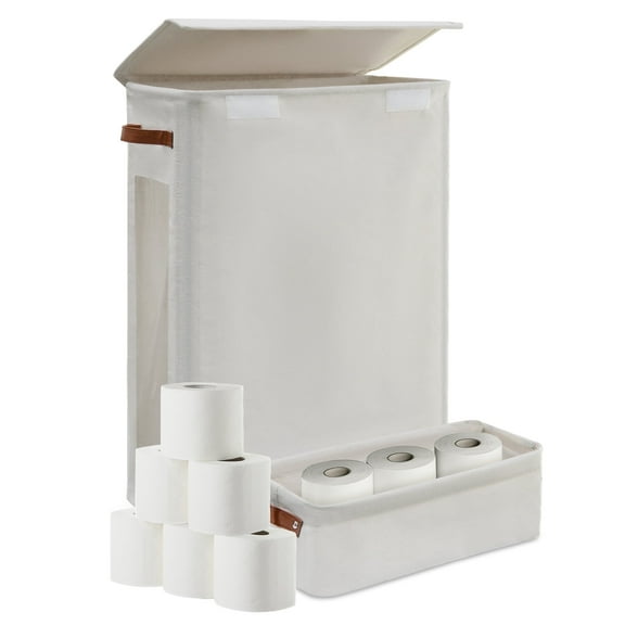 2-Piece Set Toilet Paper Basket with Lid and Wheels, Toilet Paper Storage Holder Free Standing for Bathroom, RV Closet, Toilet Tissue Storage Bin with Handle  (Beige)