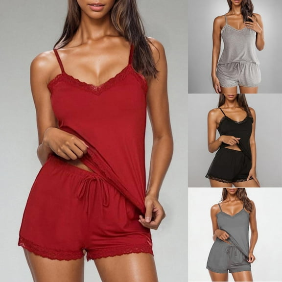 Miluxas Lounge Sets for Women 2 Piece Travel V Neck Tank Shorts Matching Set Summer Solid Casual Spring Trendy Comfy Outfits Red XL(XL)