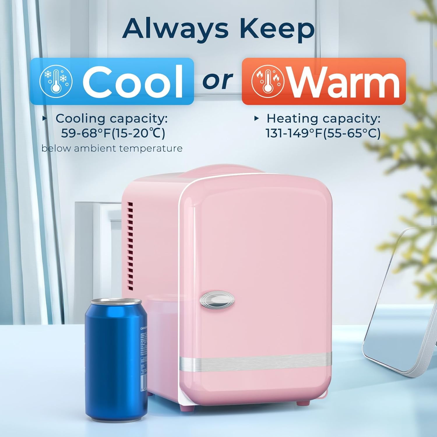 Mini Fridge,4 Liter / 6 Can Small Refrigerator No Freezer for Bedroom,Car,Office & Dorm,AC100-120 V/DC 12 V Portable Thermoelectric Cooler & Warmer for Skincare,Food,Drinks,Wine,Beverage - Pink