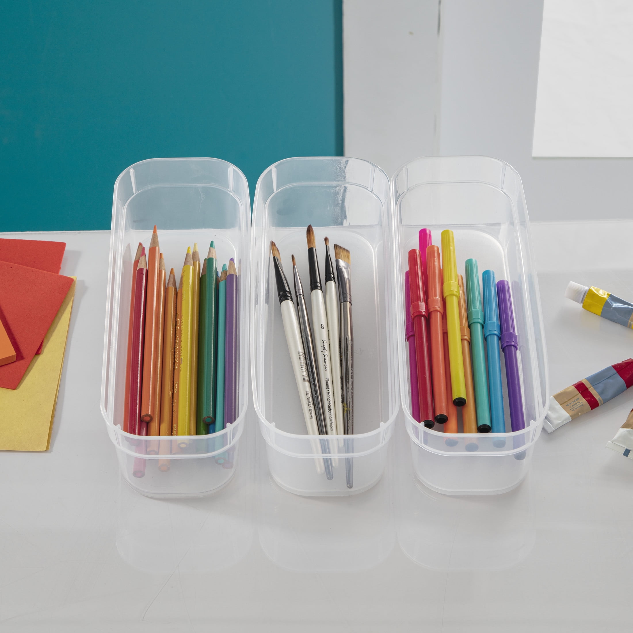 Sterilite Set (3) Narrow Storage Trays, Clear Plastic Open Bins, Drawer Organizers, 8 Count