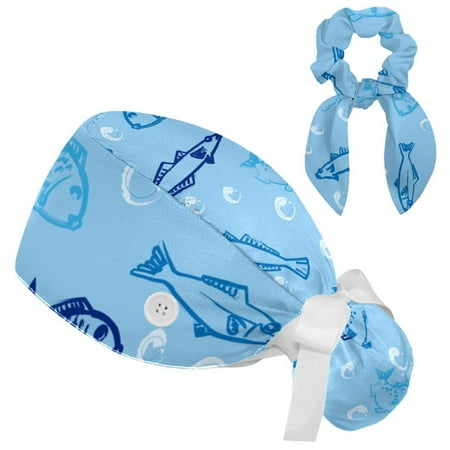 

Working Cap with Buttons and Sweatband Scrub Hat Bouffant Caps with Scrunchie Fish Tie Back Hats