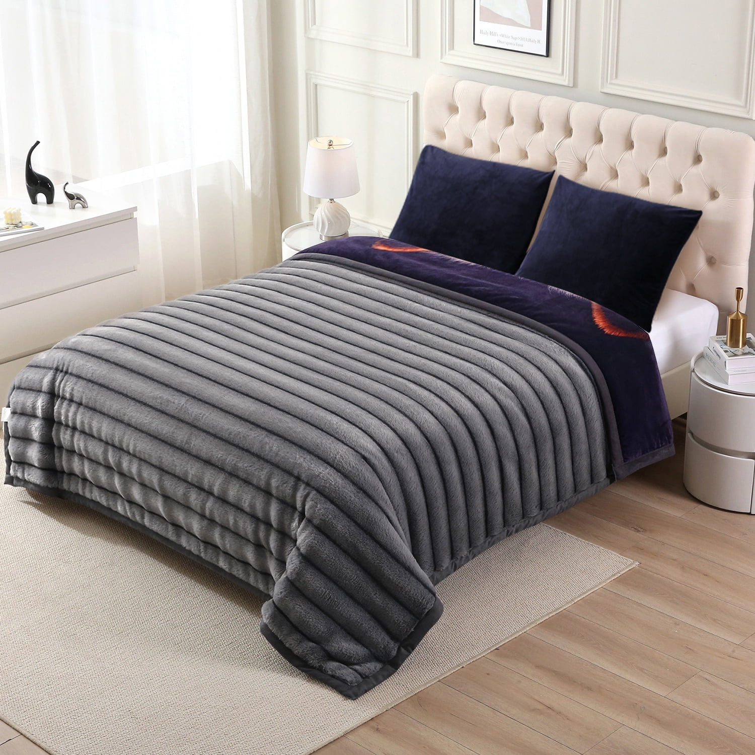 NC Faux Fur & Warm Fleece Blanket King Size 85"x93", A & B Printed Patterns 3-Ply Heavy Thick Microfiber Plush Blanket 8.5LB, Wolf & Gray