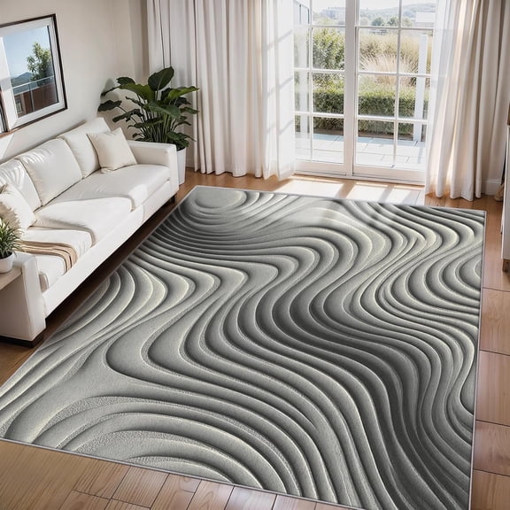 Modern Abstract Wave Area Rugs, Gray Optical Illusion Carpet, Washable Non Slip Low Pile Soft Rug for Living Room Bedroom Decor Mat 2ftx3ft