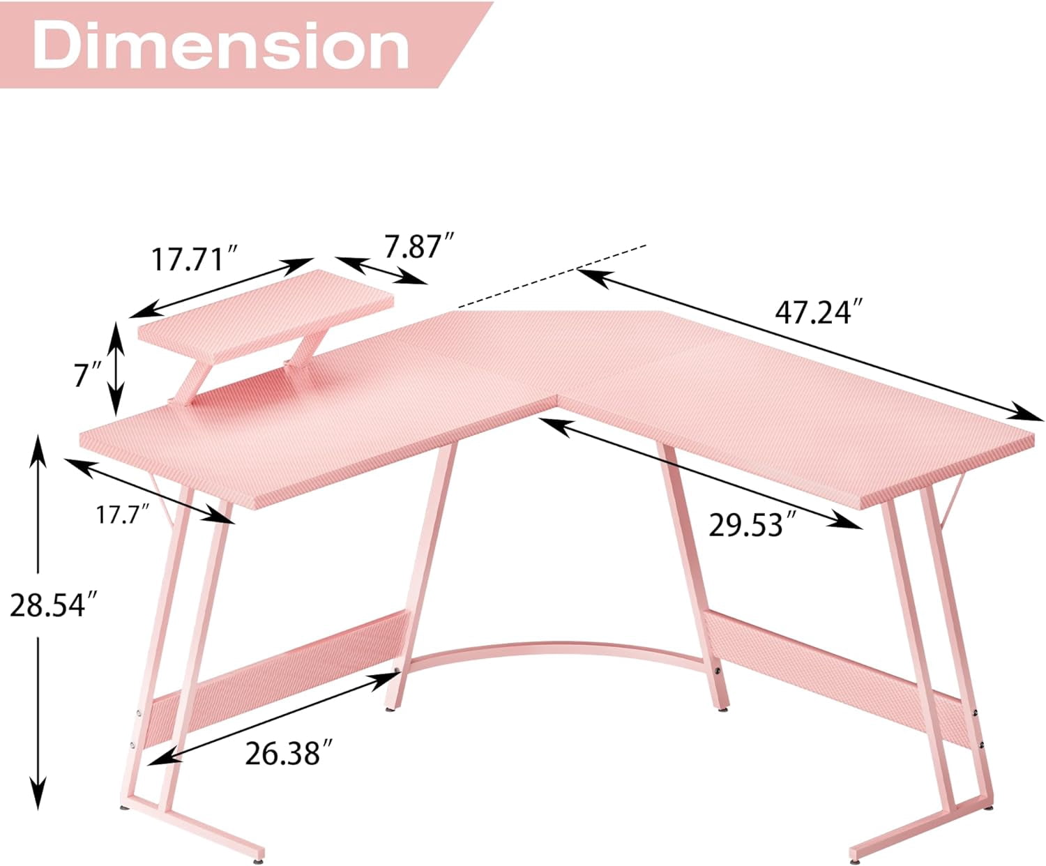 Pink L Shaped Gaming Desk Computer Corner PC Desk Table with Large Monitor Stand for Home Office Studying Writing Workstation, Gift for Girls and Women (Pink, 47 Inch)