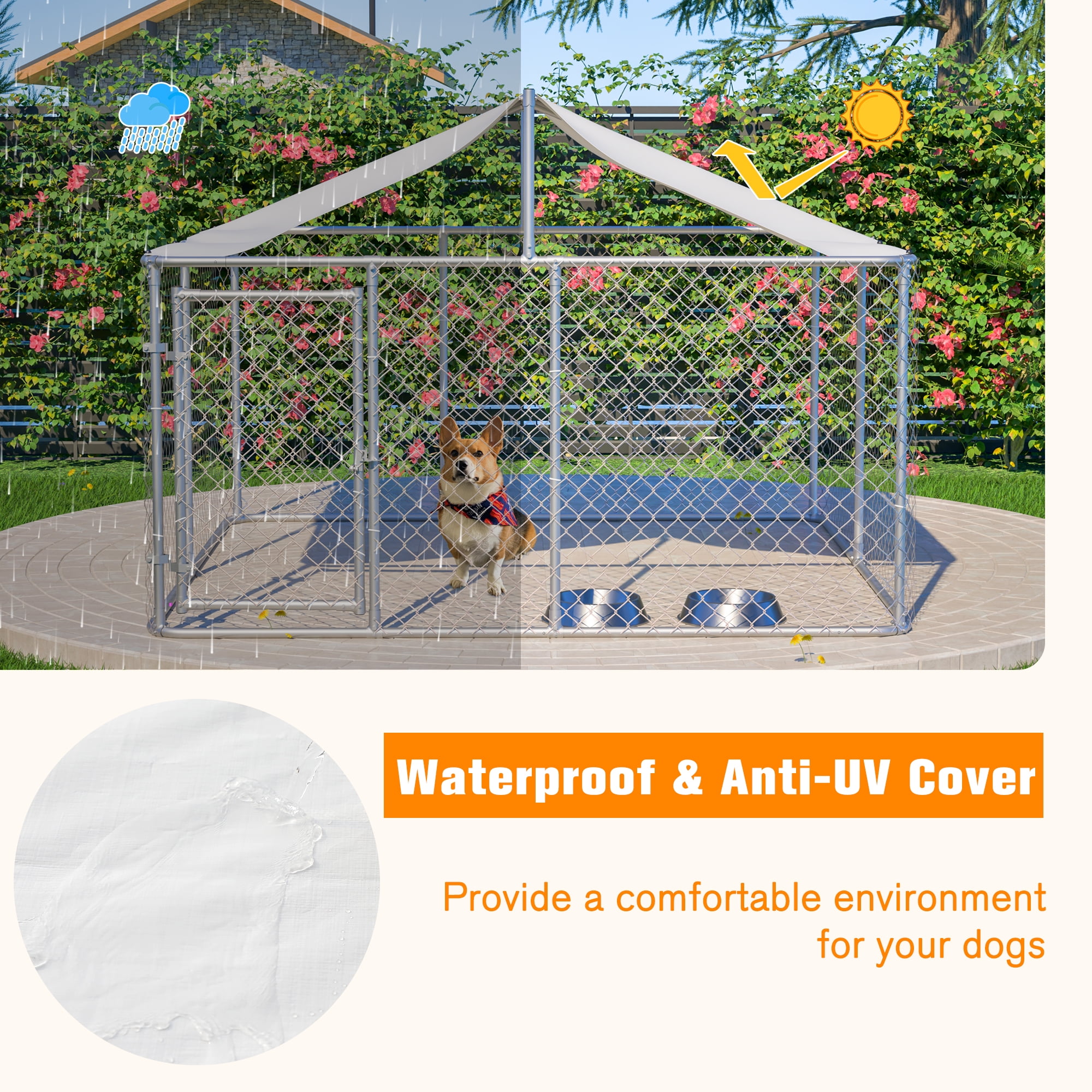 LZBEITEM Large Outdoor Dog Run Kennel, Heavy Duty Dog Pets Cage Galvanized Steel Dog Fence Dog Enclosure Playpen with Waterproof Cover