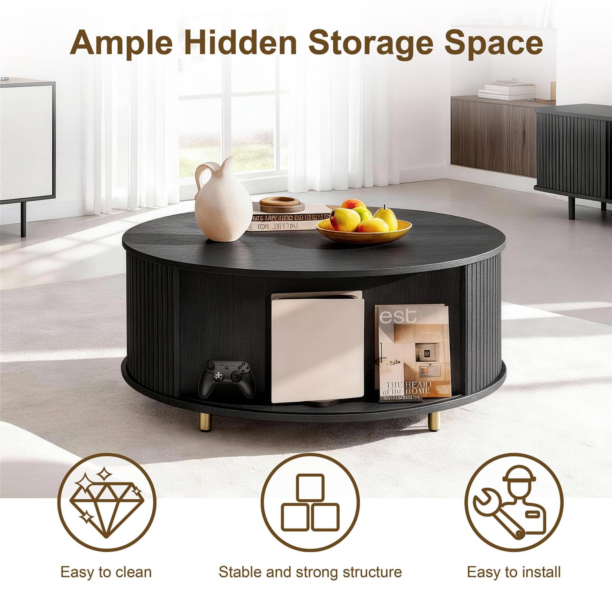 31.5" Round Coffee Table, Mid Century Modern Fluted Coffee Table with 360° Sliding Tambour Door & Storage, Black