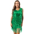 thumbnail image 2 of TiaoBug Robe Sans Manches à Col en V pour Femmes Robe à Sequins Brillants avec Franges Robe Samba Latin Tango Verte XX, 2 of 7