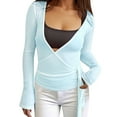 thumbnail image 1 of Blusa corta de manga larga con cuello en V profundo y lazo para mujer: corte ajustado, color liso, tirantes ajustables, tallas S-L para hacer ejercicio o llevar de forma informal., 1 of 5