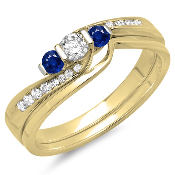 Dazzlingrock Collection 14K Round Blue Sapphire & White Diamond Swirl Bridal 3 Stone Ring Band Set, Yellow Gold, Size 8