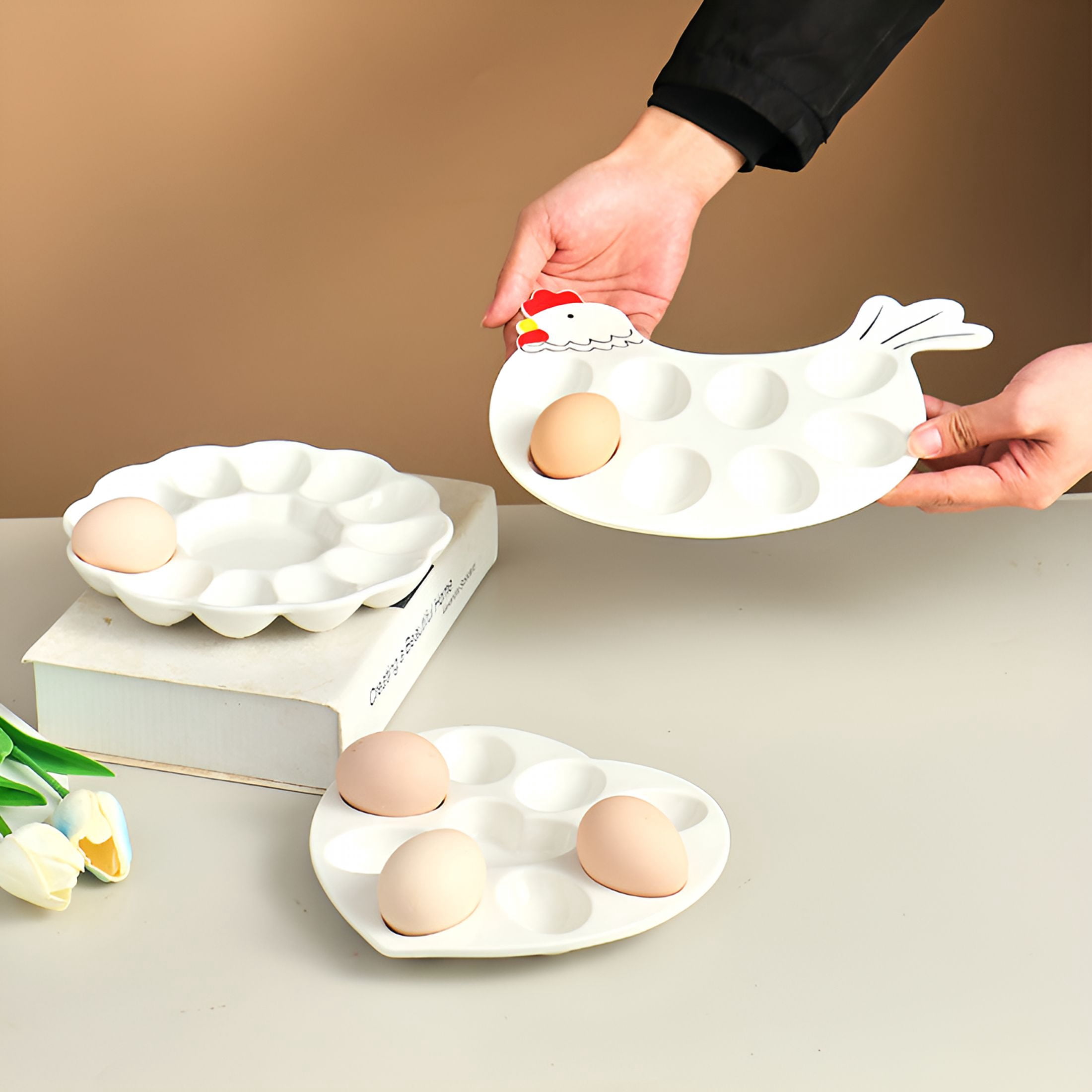 ACDANC 2026 New Deviled Egg Ceramic Tray Easter Serving Platter,Deviled Egg Platter Cock Shape,1 Piece for Easter Celebrations, Family Gatherings, Holiday Parties, Picnics, Special Occasions.