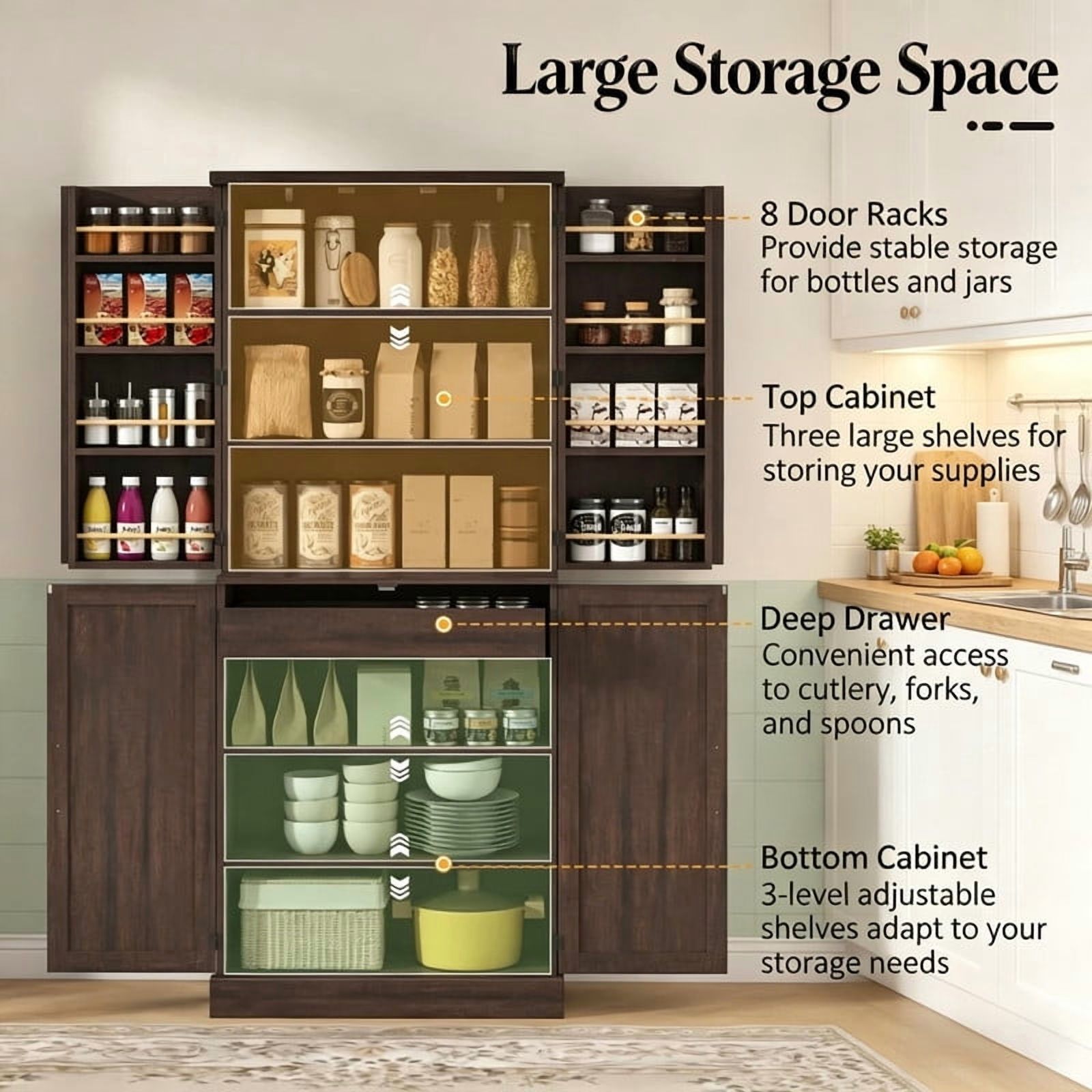 Farmhouse Style Storage Cabinet with Side Rack, Home Bar Sideboard Organizer, Kitchen Pantry Cabinet with Adjustable Shelf