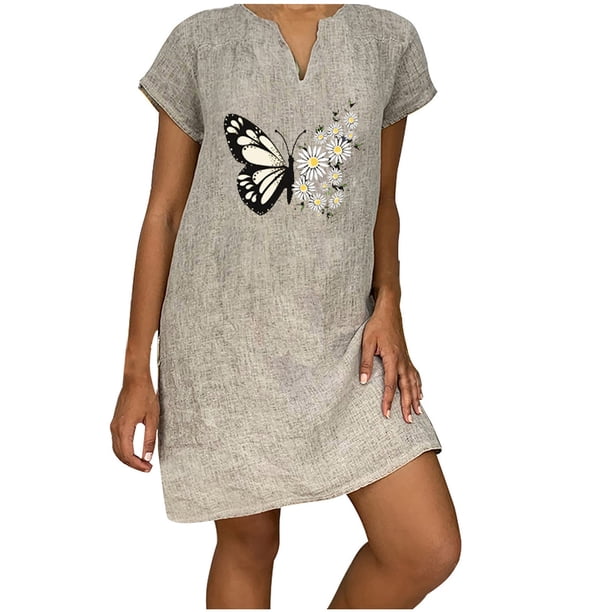 Vestido de cáñamo de bambú con estampado de cobertura suelta y cuello en V retro vintage de manga corta para mujer Fridja qw6039