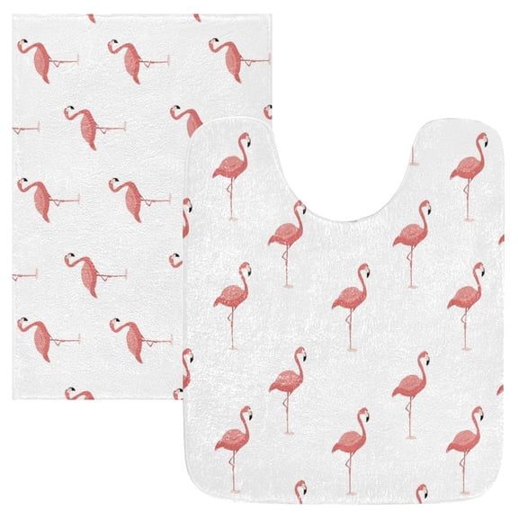 2 Piece Bath Mat Set with U-Shaped Toilet Mat and Rectangle Bath Rugs Non Slip Machine Washable Bathroom Mats Pink Flamingo Pattern