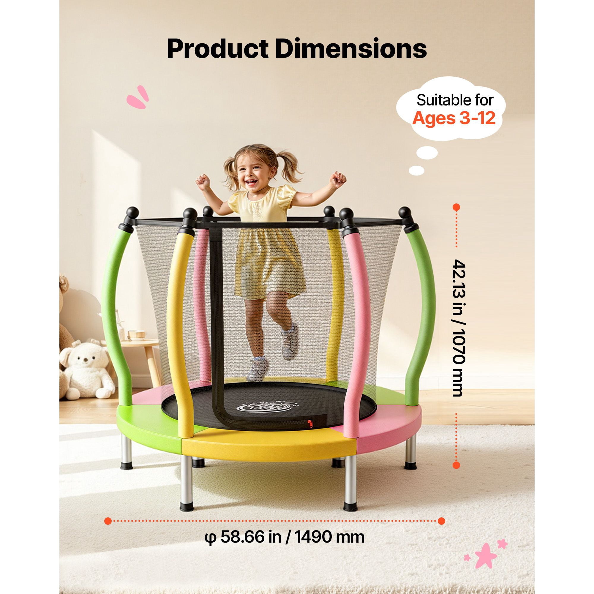 Trampoline for Kids, Toddler Mini Trampoline, 132 lbs Capacity Indoor Outdoor Play Toys with Enclosure Net and Basketball Hoop, Christmas Toys Birthday Gifts for Girls Boys