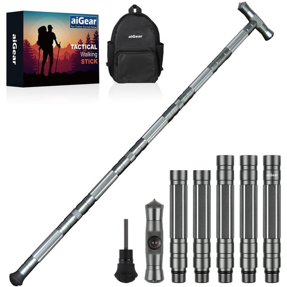 aiGear Bastón táctico para Senderismo - Bastones de Trekking Personal táctico Equipo de Bastón de Senderismo Ajustable para Supervivencia al Aire Libre Camping Senderismo