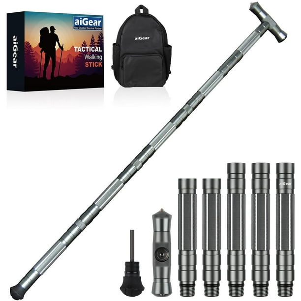 aiGear Bastón táctico para Senderismo - Bastones de Trekking Personal táctico Equipo de Bastón de Senderismo Ajustable para Supervivencia al Aire Libre Camping Senderismo