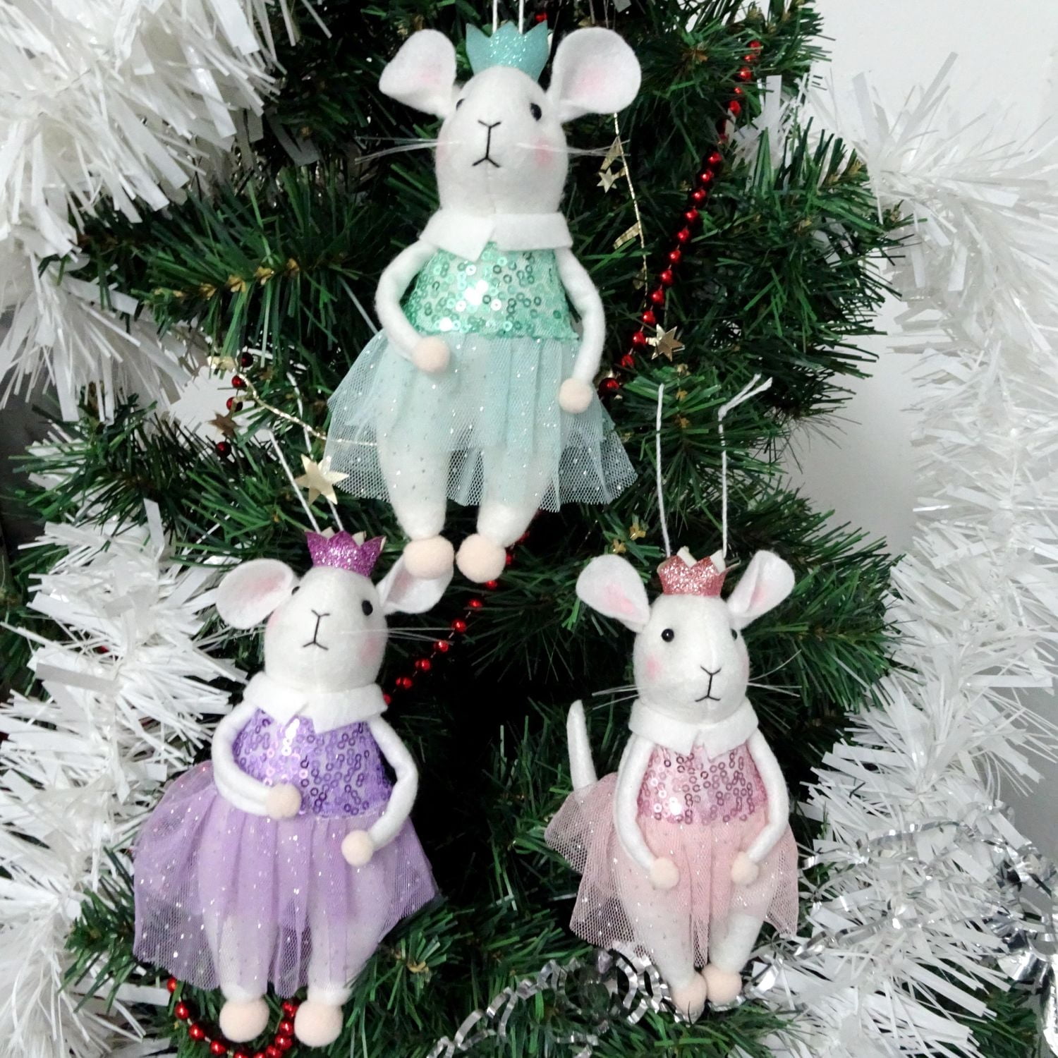 Holiday Time Set of 3 Mouse Ornaments - Purple, Green, Pink, Set of 3 Mouse Ornaments