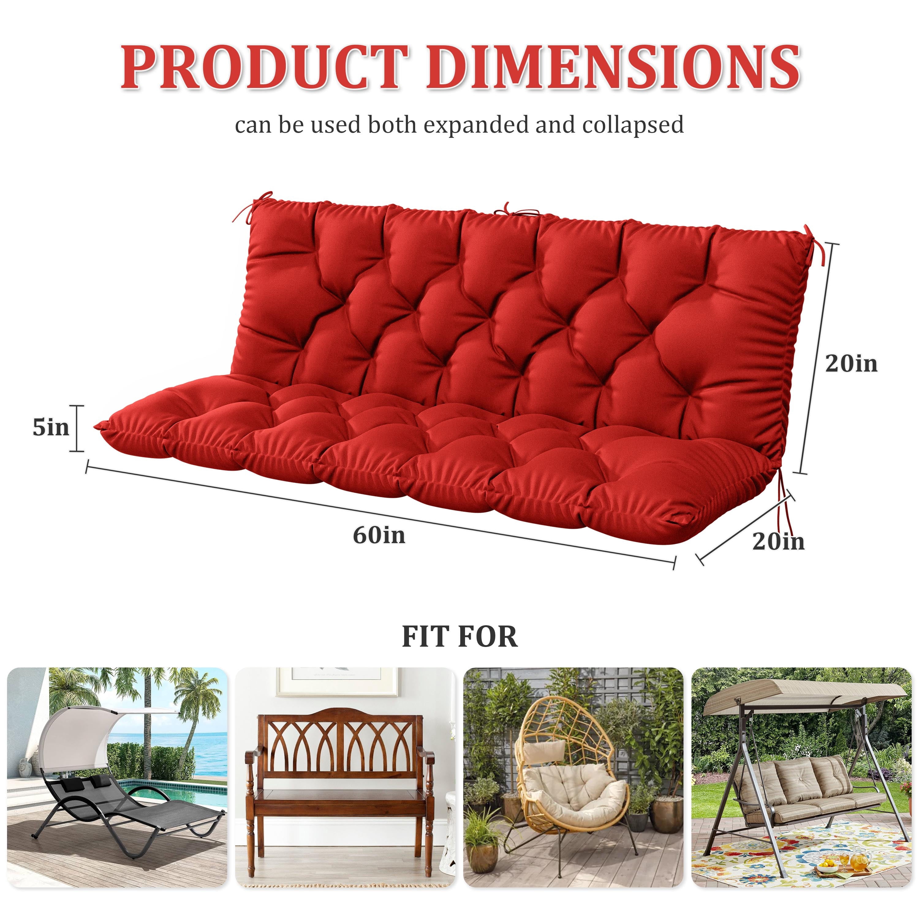 Kimunuk Outdoor Porch Swing Cushion, 60" X 40" X 5" Waterproof Bench Chair Replacement Cushion with 6 Ties for Patio, Red