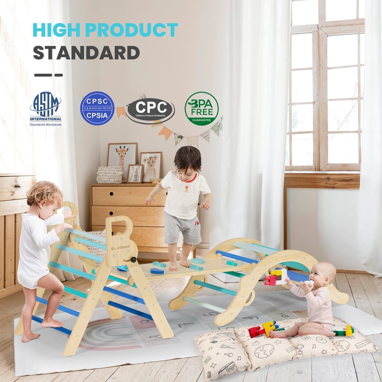 8-in-1 Indoor Playground Set BlueWood Pikler Triangle Set 7-in-1 Foldable Baby Climbing Wooden 8-in-1 Indoor Playground Set BlueWood Pikler Triangle Set 7-in-1 Foldable Baby Climbing Wooden