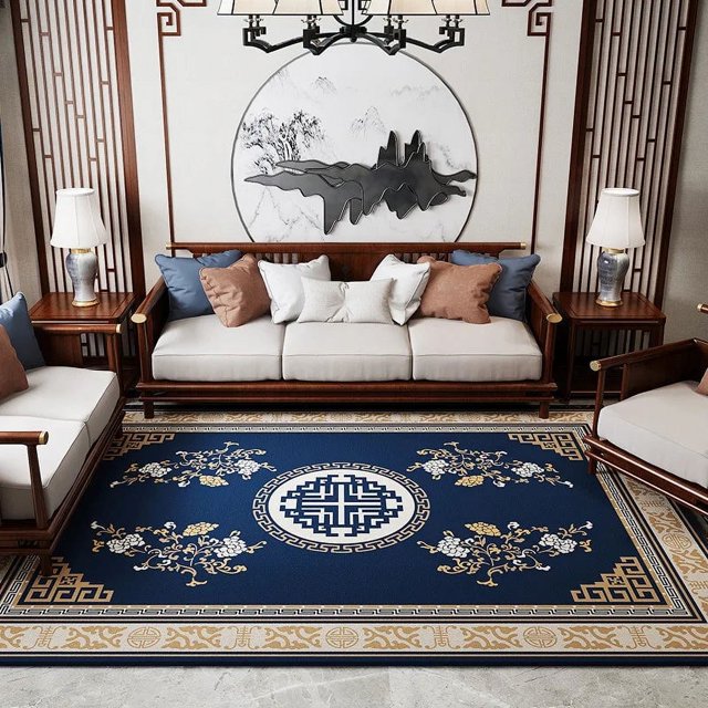 Living Room Carpet Chinese Style Royal Blue Carpet Nordic Rug Jacquard Bedroom Bedside Non-slip Carpet Coffee Table Floor Mat My Lux Decor Round