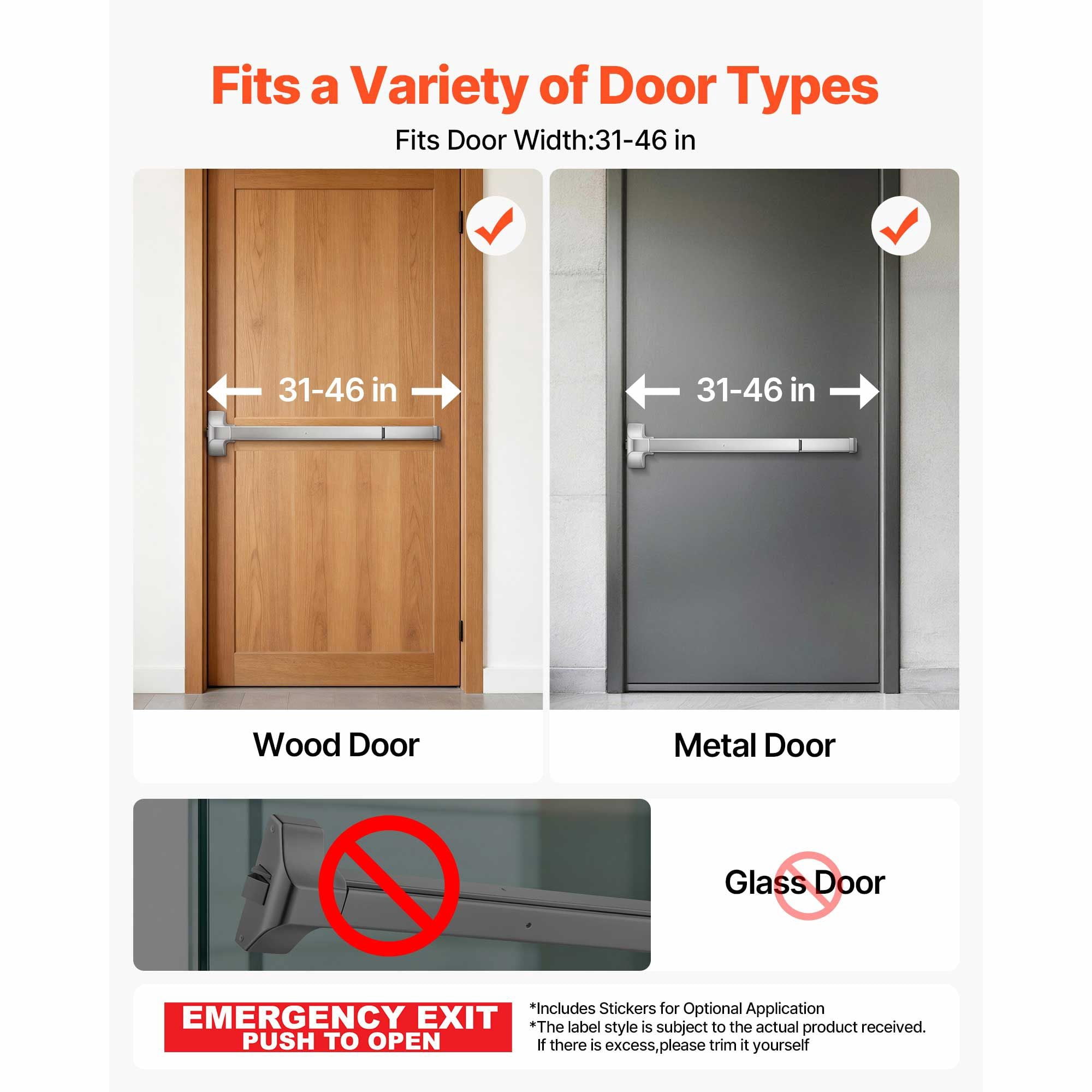 Push Bar Panic Exit Device with 304 Stainless Steel Dual Locking Bolts, for Emergency Exit Wood Metal Doors