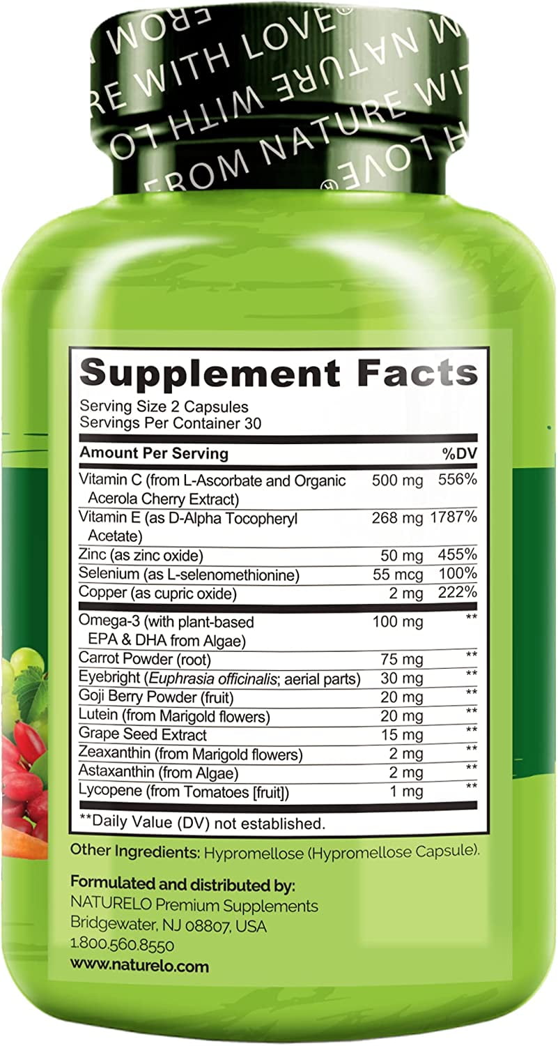 NATURELO Eye Vitamins - AREDS 2 Formula Nutrients with Lutein, Zeaxanthin, Vitamin C, E, Zinc, Plus DHA - Supplement for Dry Eyes, Healthy Vision, Eye Support - 60 Vegan Capsules