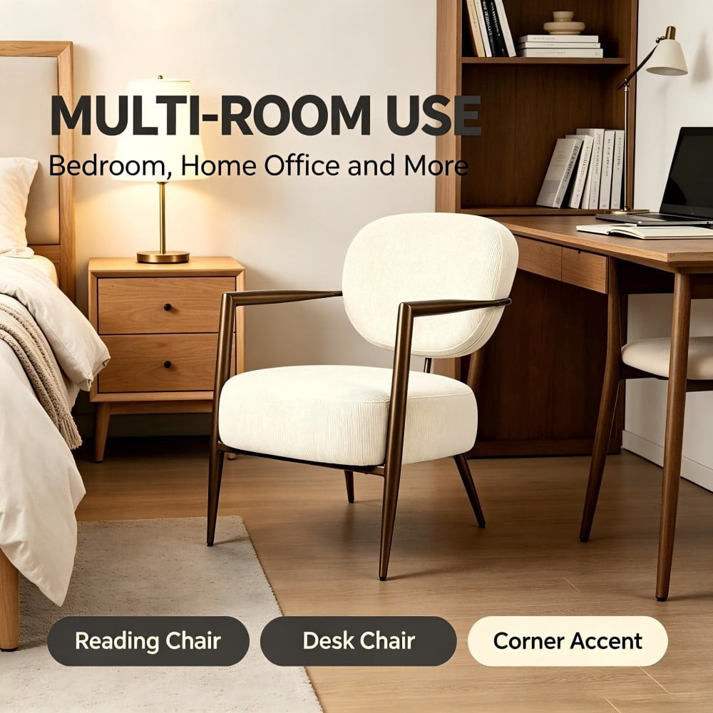 Accent Chair, Mid Century Modern Upholstered Lounge Chair with Metal Frame, Textured Fabric, Padded Seat & Back for Living Room, Bedroom & Office, White