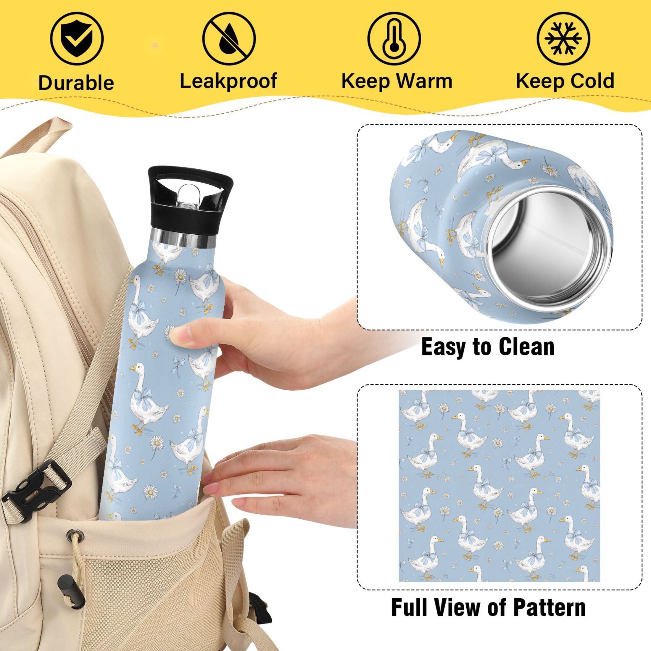Kids Insulated Stainless Steel Sports Water Bottle 600ml (20oz) Cute Geese and Daisies