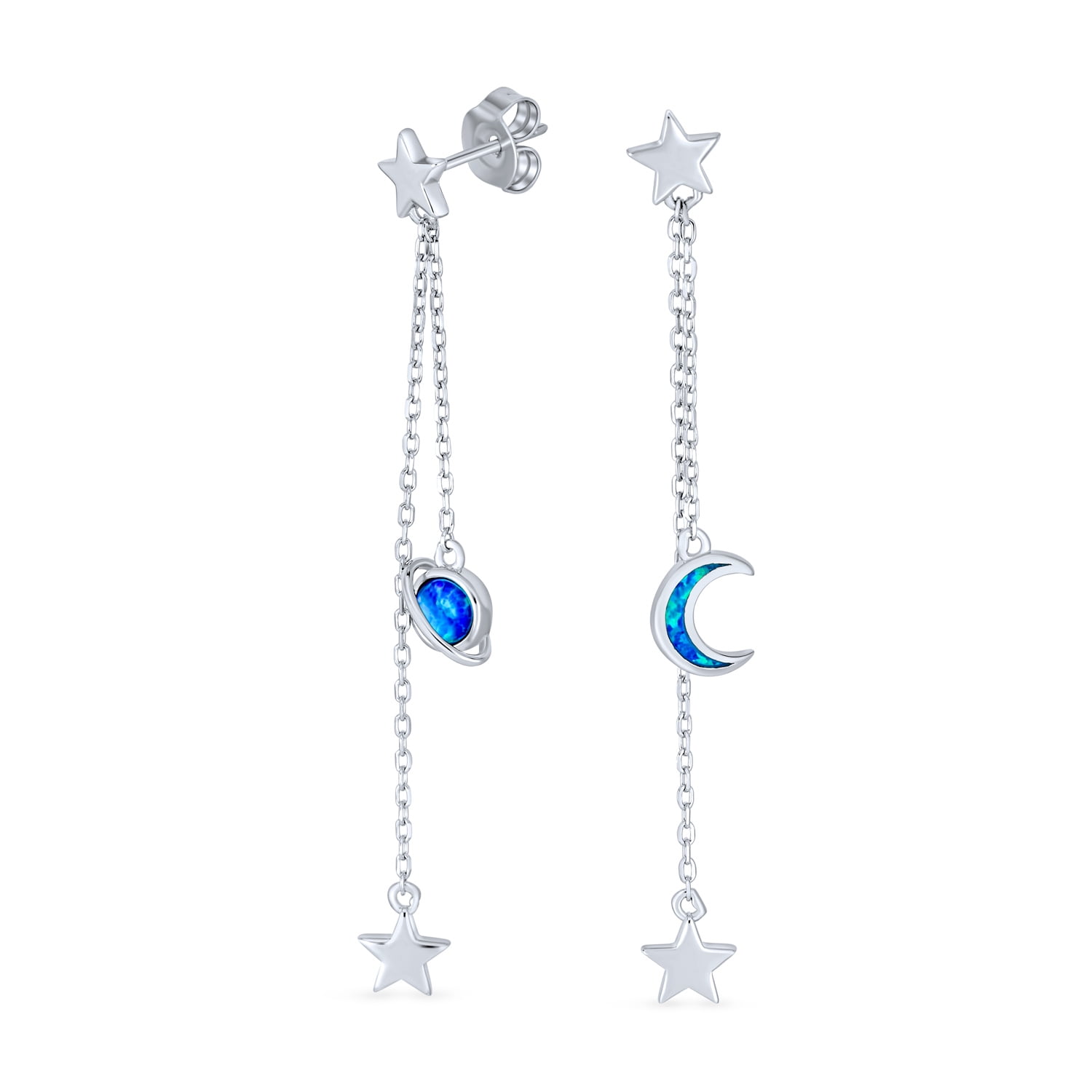 Genuine Blue Opal & White Sapphires Half Moon Earrings .925 Silver
