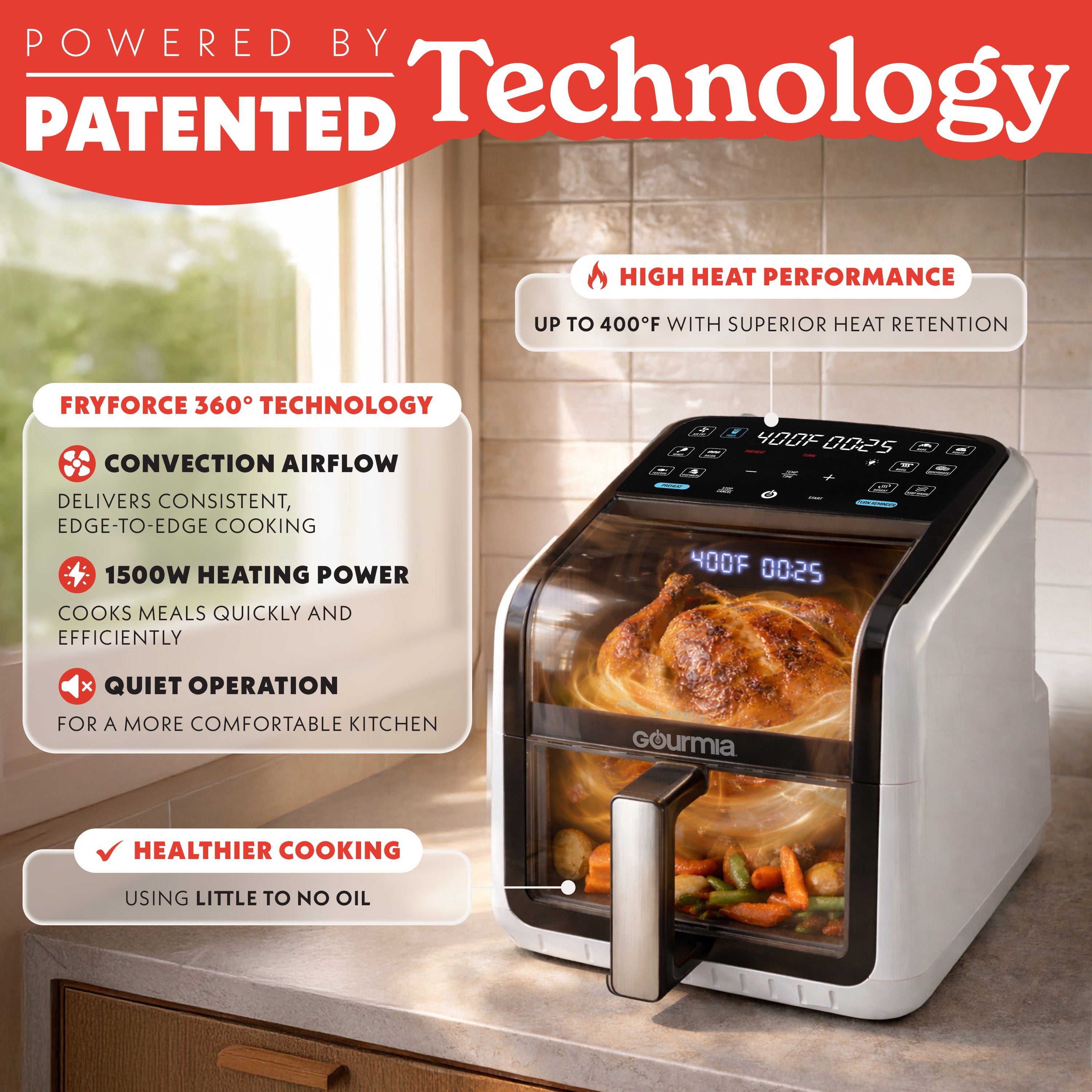 Gourmia Panorama 7-QT Digital Air Fryer with Panoramic View, Holographic Display, & 12 Presets, White