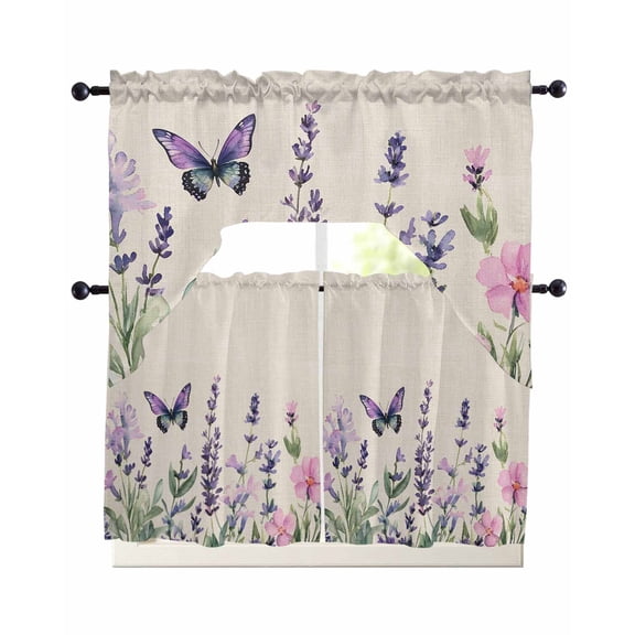 Lavender Butterflies Kitchen Curtains Sets 36 Inch Length with Valance, Pastoral Florals Spring Vintage Swag Valances and Tiers Curtain Set Drapes Swag Curtains for Living Room, Bathroom, Bedroom