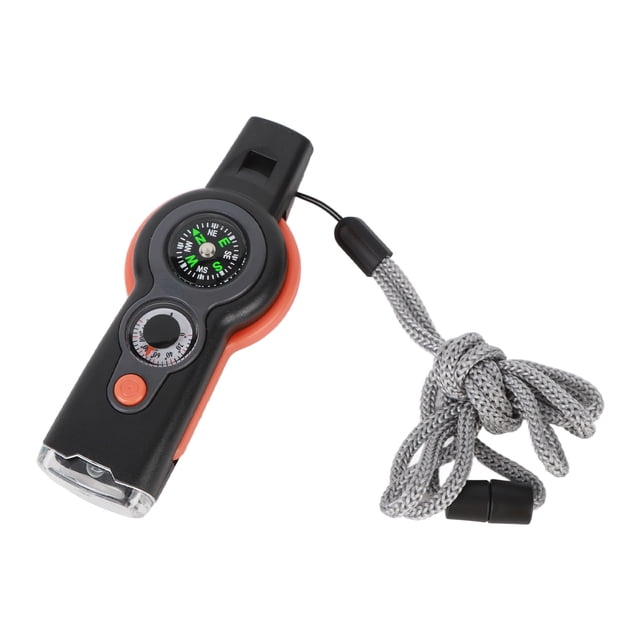 Emergency Whistle Multifunctional Safety Whistle with Compass LED Light Thermometer Magnifying Glass for Hiking Climbing Outdoor Adventures ABS Material 53g