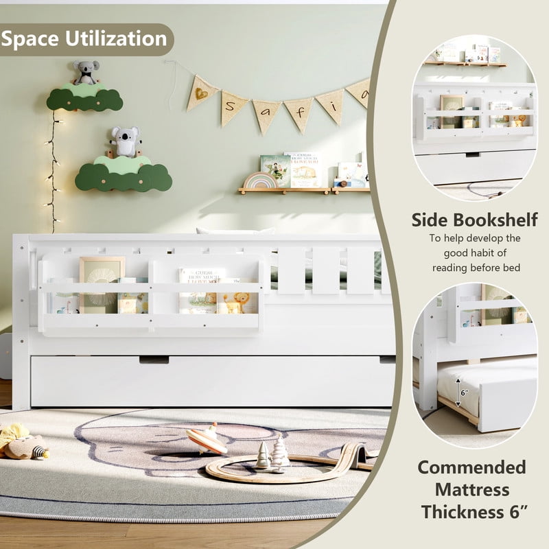 Full Size Low-Profile Kid's Platform Bed with Built-in Bookshelves & Small Staircase, Wooden Bed Frame with Safety Rails & Trundle