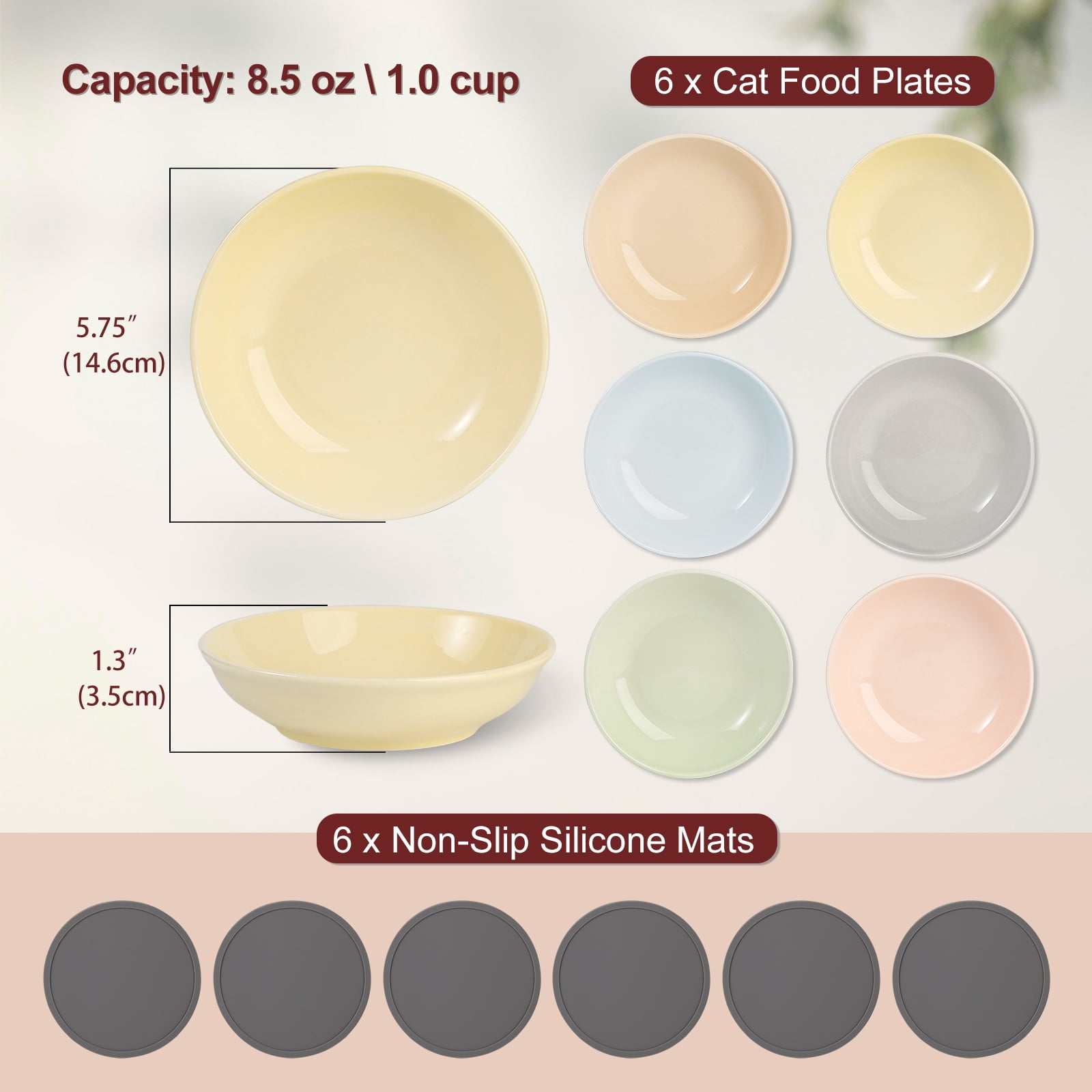 Ceramic Cat Food Bowl Set - Colorful Cat Feeding Bowls with Non Slip Mat - Wide Shallow Cat Bowl Whisker Friendly - Cat Plates - Cute Cat Dish - Microwave Dishwasher Safe - 6 Pack - 8.5 oz - 5.75 inch