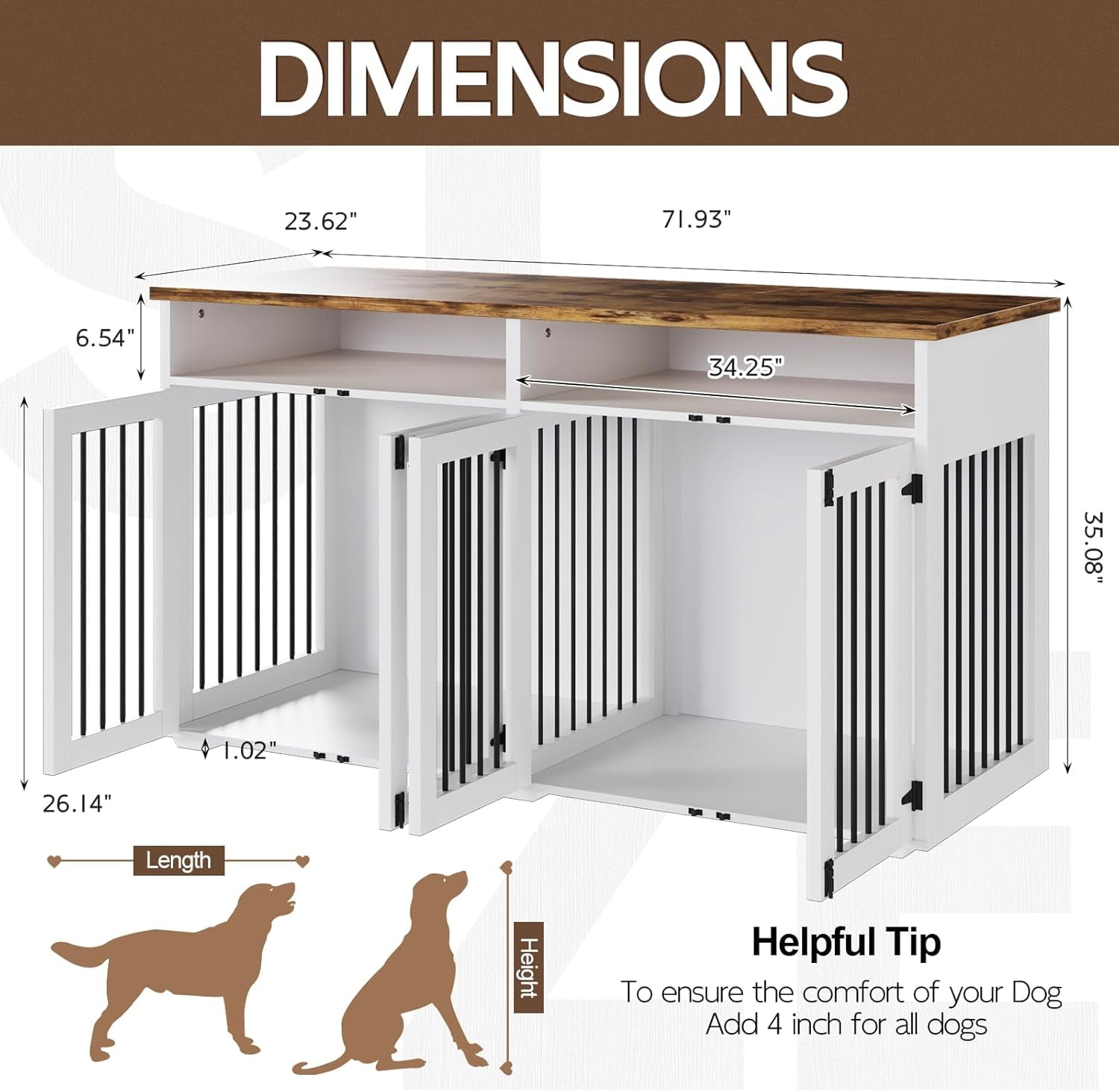 DreamCurship 63 Inch Dog Crate Furniture, 2-Door Wooden Dog Crate Kennel Furniture with Divider, Indoor Dogs Kennel for Small to Medium, White