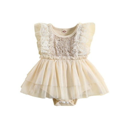 

CalsunbabyToddler Baby Girl Summer Romper Shiny Sequin Sleeveless Round Neck Ribbed Romper Tutu Dress