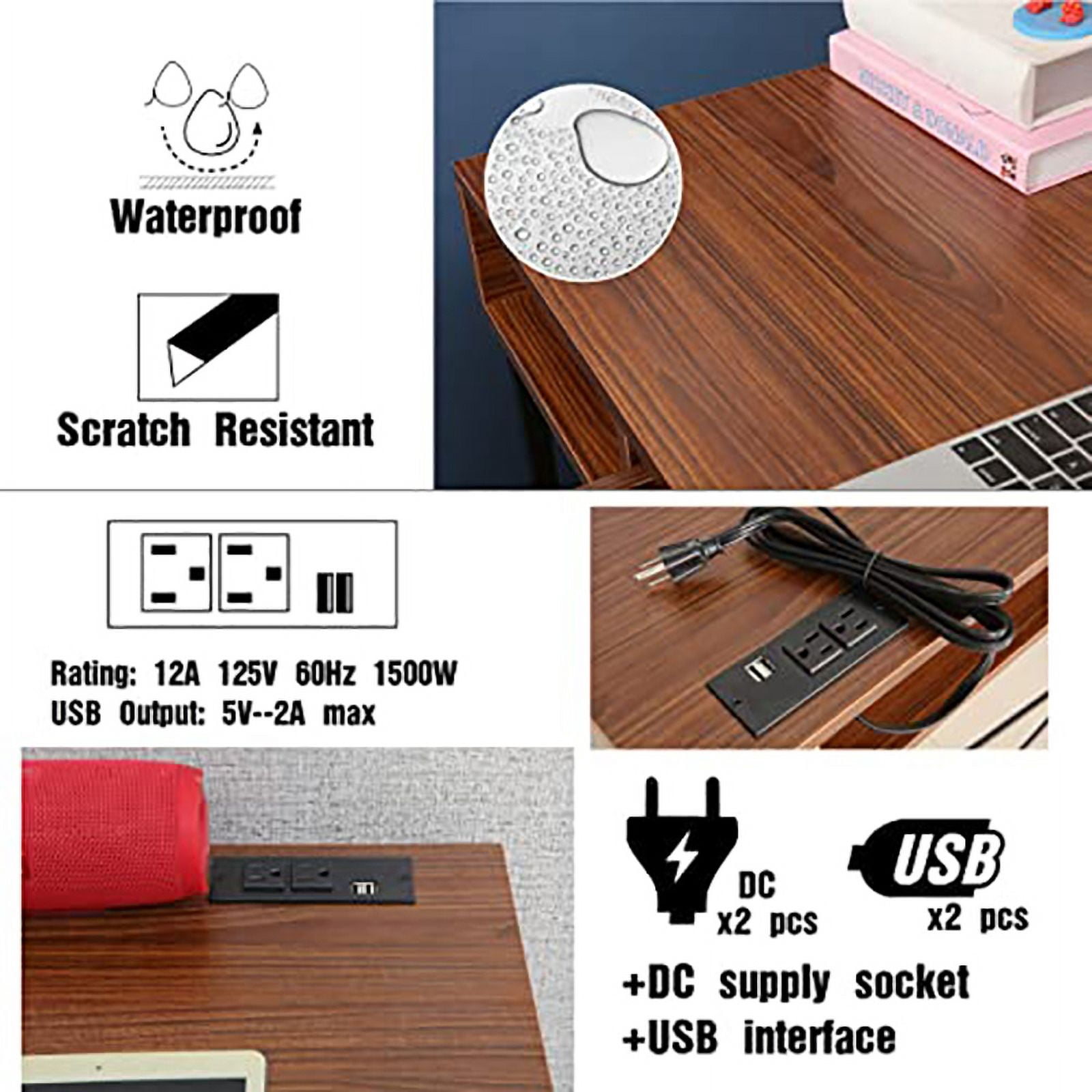 JJS 48' Writing Desk with Power Outlet, Home Office Contemporary Large Computer Desk Laptop Workstation with Drawer USB Ports Charging Station, Brown/Black