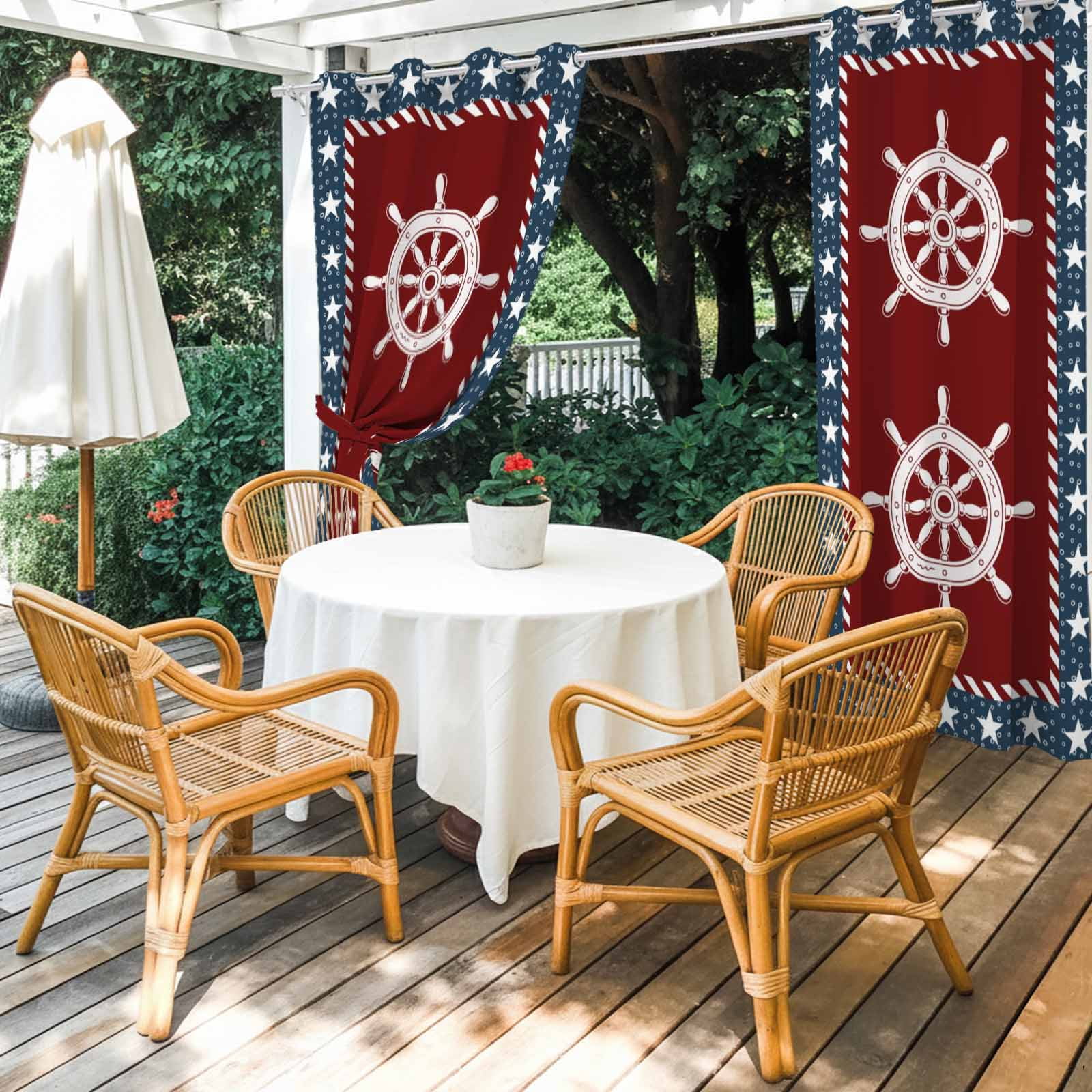 Independence Day Outdoor Curtains for Patio, U.S. Flag Ocean Coastal Rudder Pentagon Star Navy Blue Sunshade Privacy Drapes Grommet Waterproof Outside Curtains for Porch Balcony 54"x108", 1 Panel
