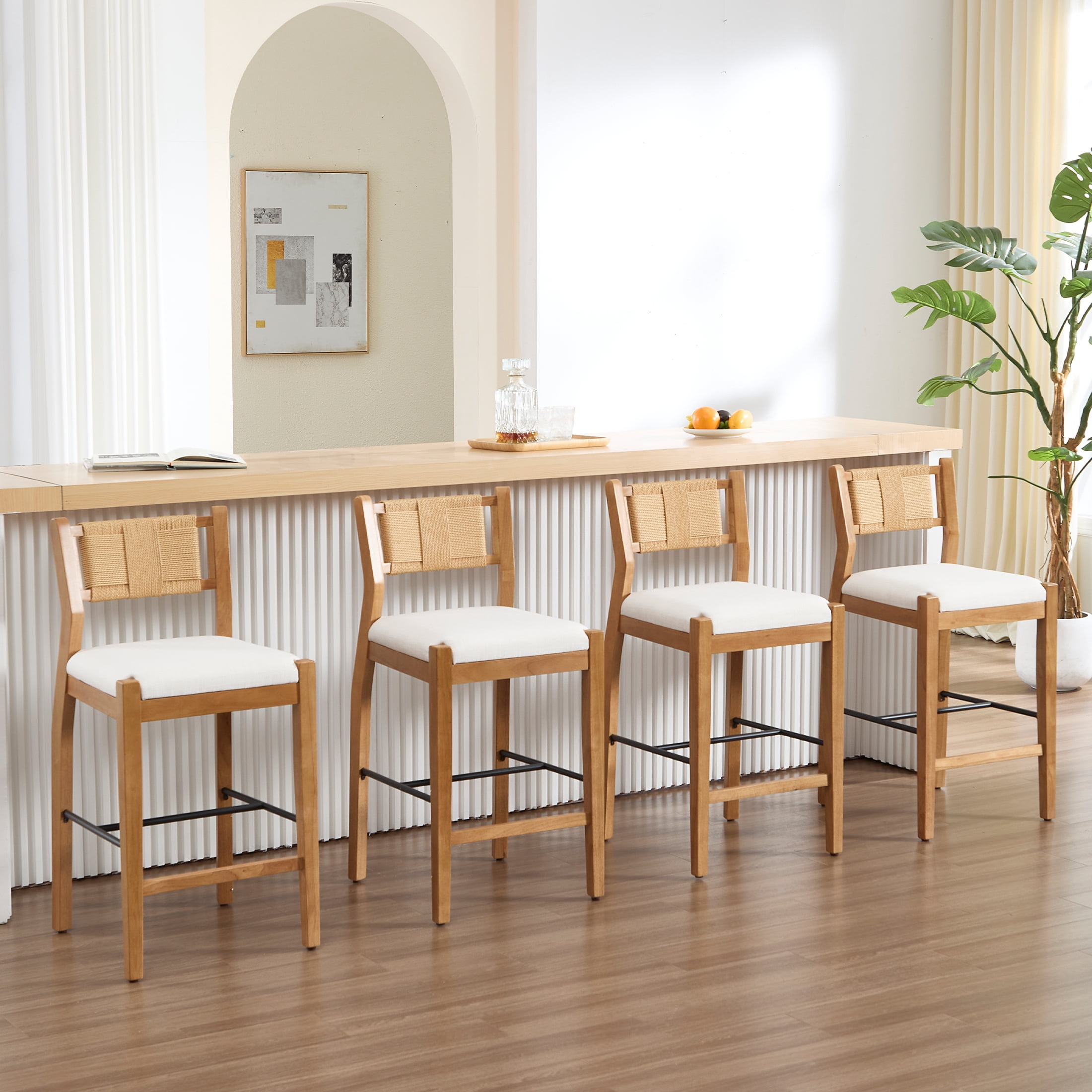 Guyou 26" Rattan Barstools Set of 4, Boho Solid Wood Counter Height Bar Stools, Linen Upholstered Kitchen Island Chairs for Dining Room Bar, Beige