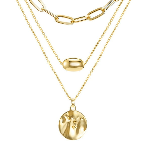 Gold Layered Pendant Long Necklace, 3 Layer Choker Necklace Chain Pendant Costume Jewelry for Women