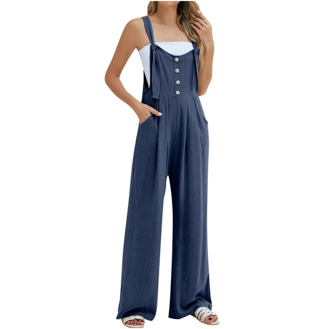AherBiu Summer Jumpsuits for Women Sleeveless Button Suspenders Straight Leg Boho Rompers with Pockets