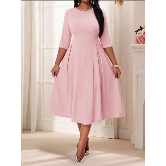 Pink Plus Size Womens Fit & Flare Midi Dress With 3/4 Sleeve And Round Neck
