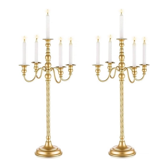 Gold Candelabra 28 Inch 5 Arm Floor Candle Holders Set of 2, Metal Taper Candlestick Centerpiece for Wedding Party Table Event Decor