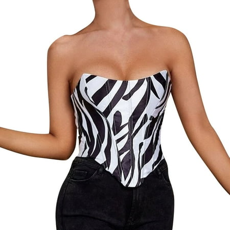 

Zlekejiko Women Striped Print Eyelet Lace Up Overbust Corset