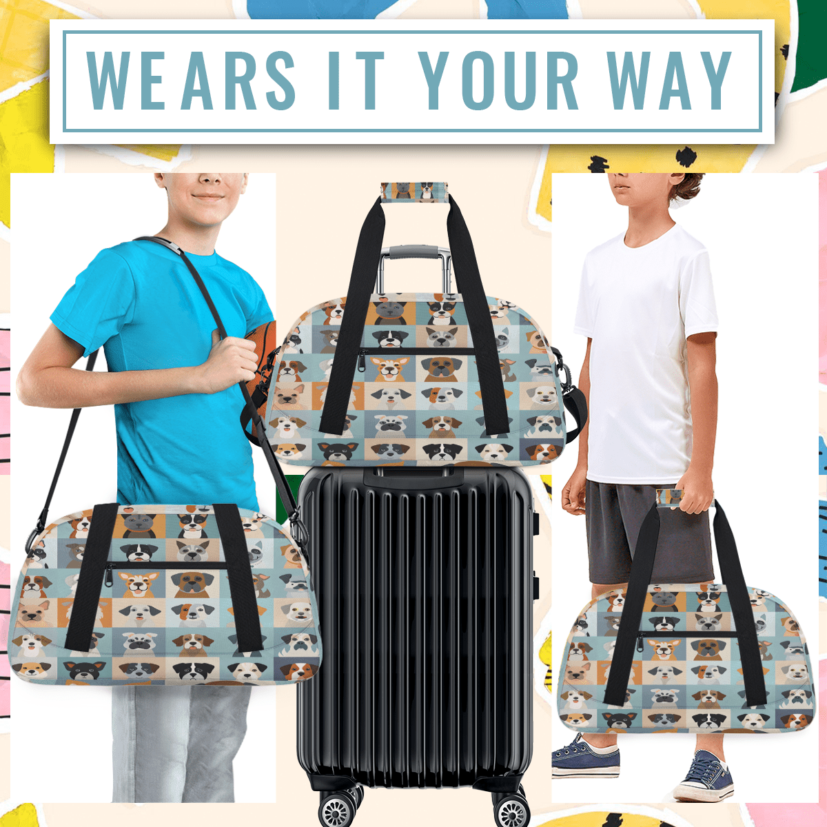 Herdesigns Cute Animal Dogs Puppy Sports Duffle Bag for Women & Men, Gym Bag Dance Bag Overnight Bag Carry On Weekender Travel Bag