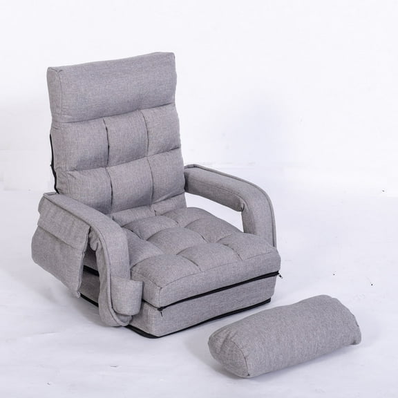 WAYTRIM Lazy Sofa Bed Fold Floor Chair Soft Sleeper In Home Lounger Recliner 6-Position Adjustable with Armrests Pillow Light Gray