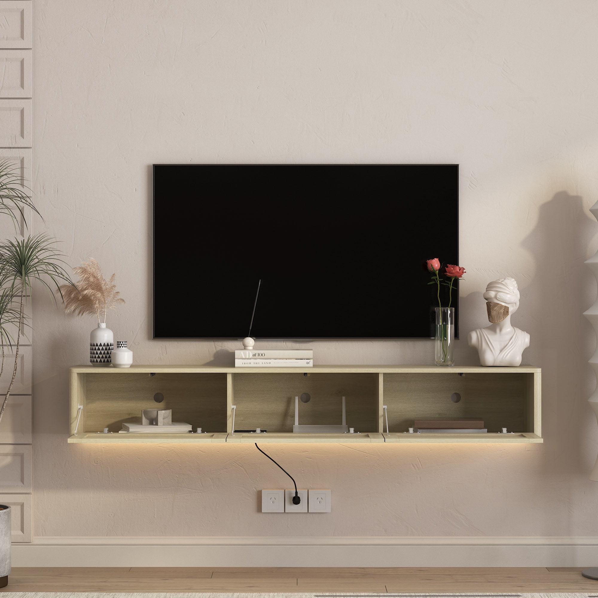 S-HOME Wall Mounted TV Shelf Featuring Led Lights and Power Outlet, High Gloss Floating TV Stand for Your Living Room，Light-colored Wood