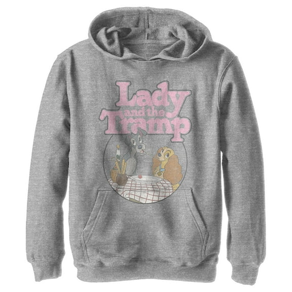 Boy's Lady and the Tramp Distressed Spaghetti Kiss Movie Logo Pull Over Hoodie Athletic Heather X Large