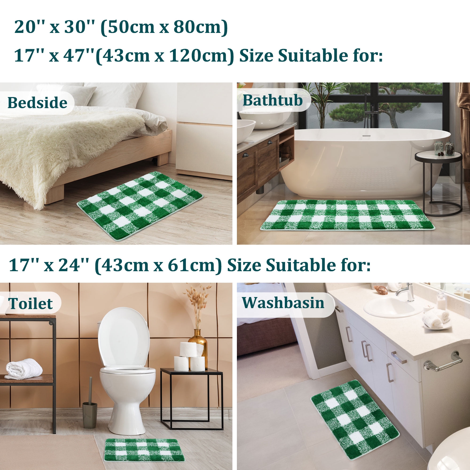 Unique Bargains Soft Microfiber Plaid Bathroom Rugs Green & White 17"x24"
