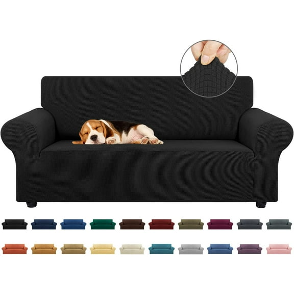EnjinZZ Stretch Loveseat Sofa Cover Slipcover,Couch Covers for 2 Cushion Couch Sofa (55"-78") Furniture Protector Sofa with Elastic Bottom for Kids,Dog. Jacquard Small Checked (Medium,Black)
